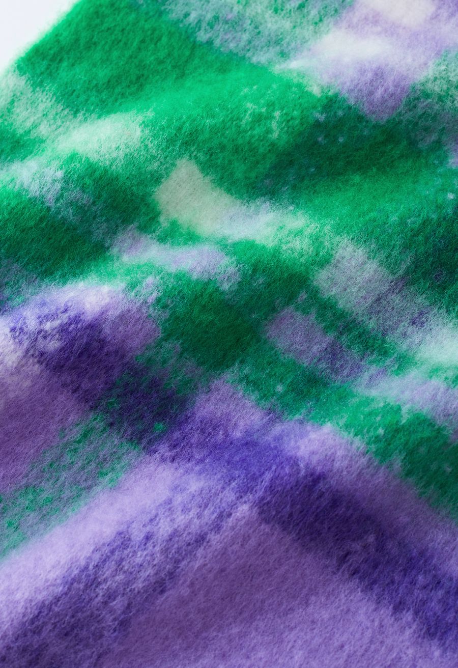 Fuzzy Mohair Plaid Pattern Scarf in Lilac