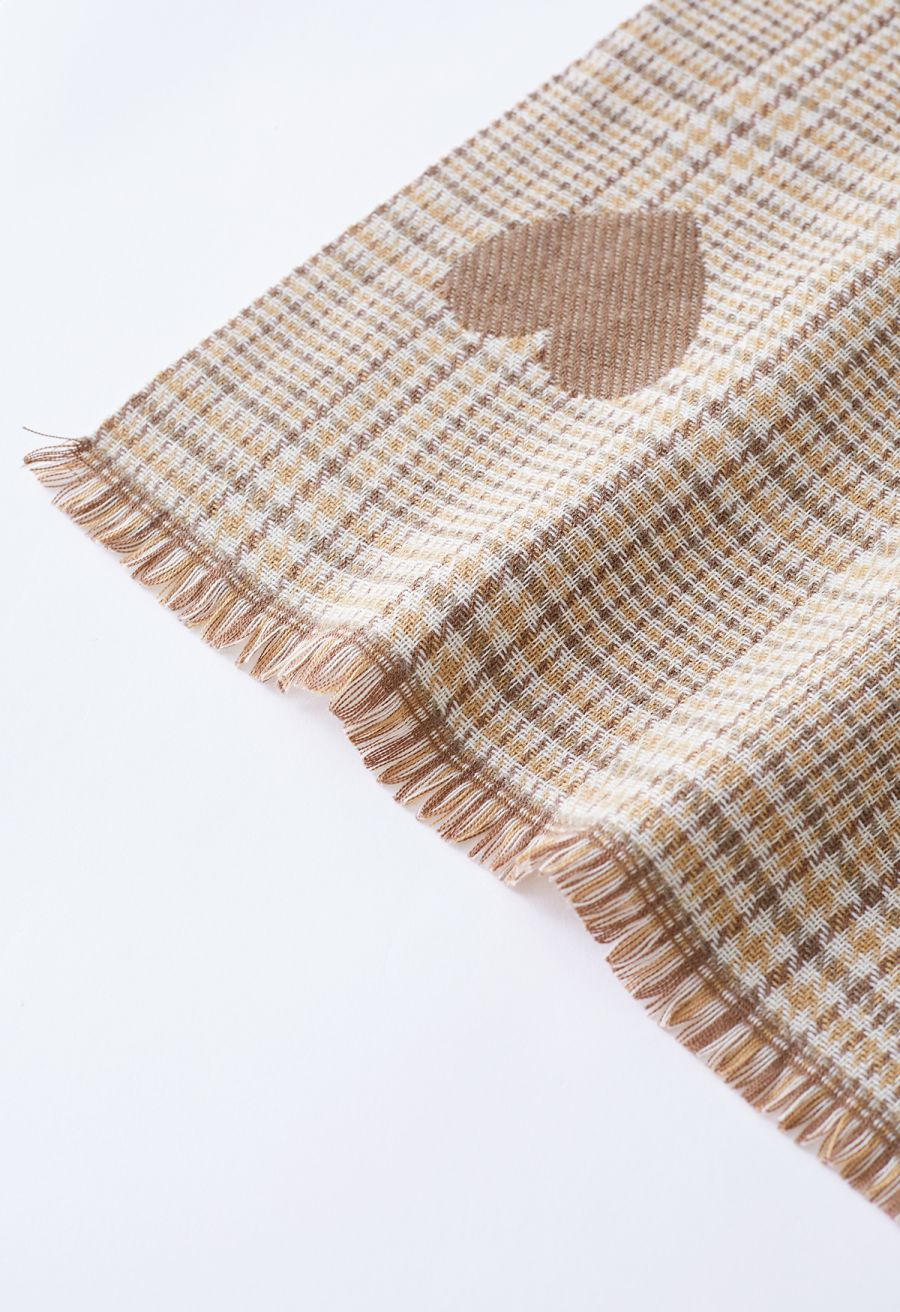 Heart Shape Check Tassel Edge Scarf in Camel