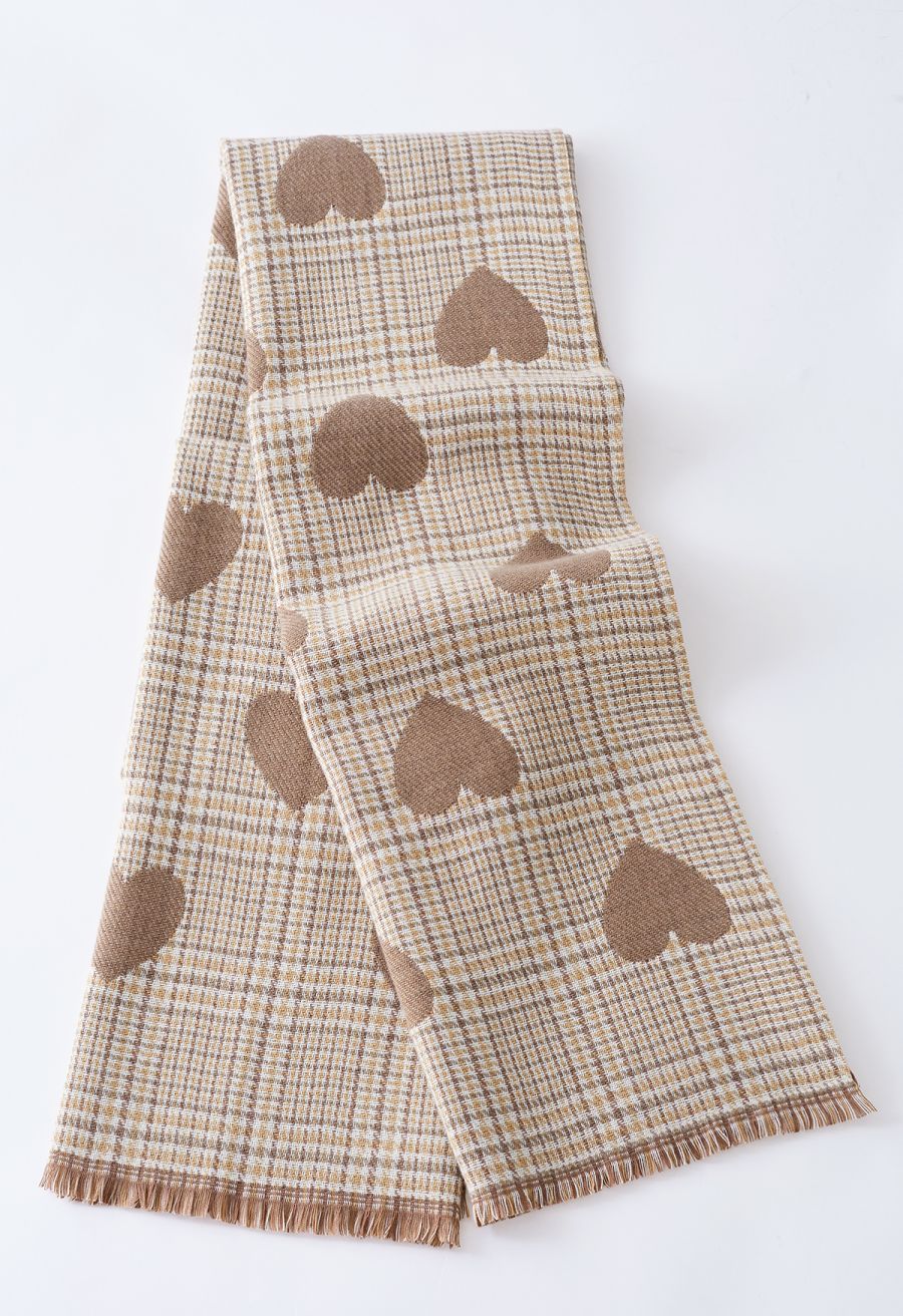Heart Shape Check Tassel Edge Scarf in Camel