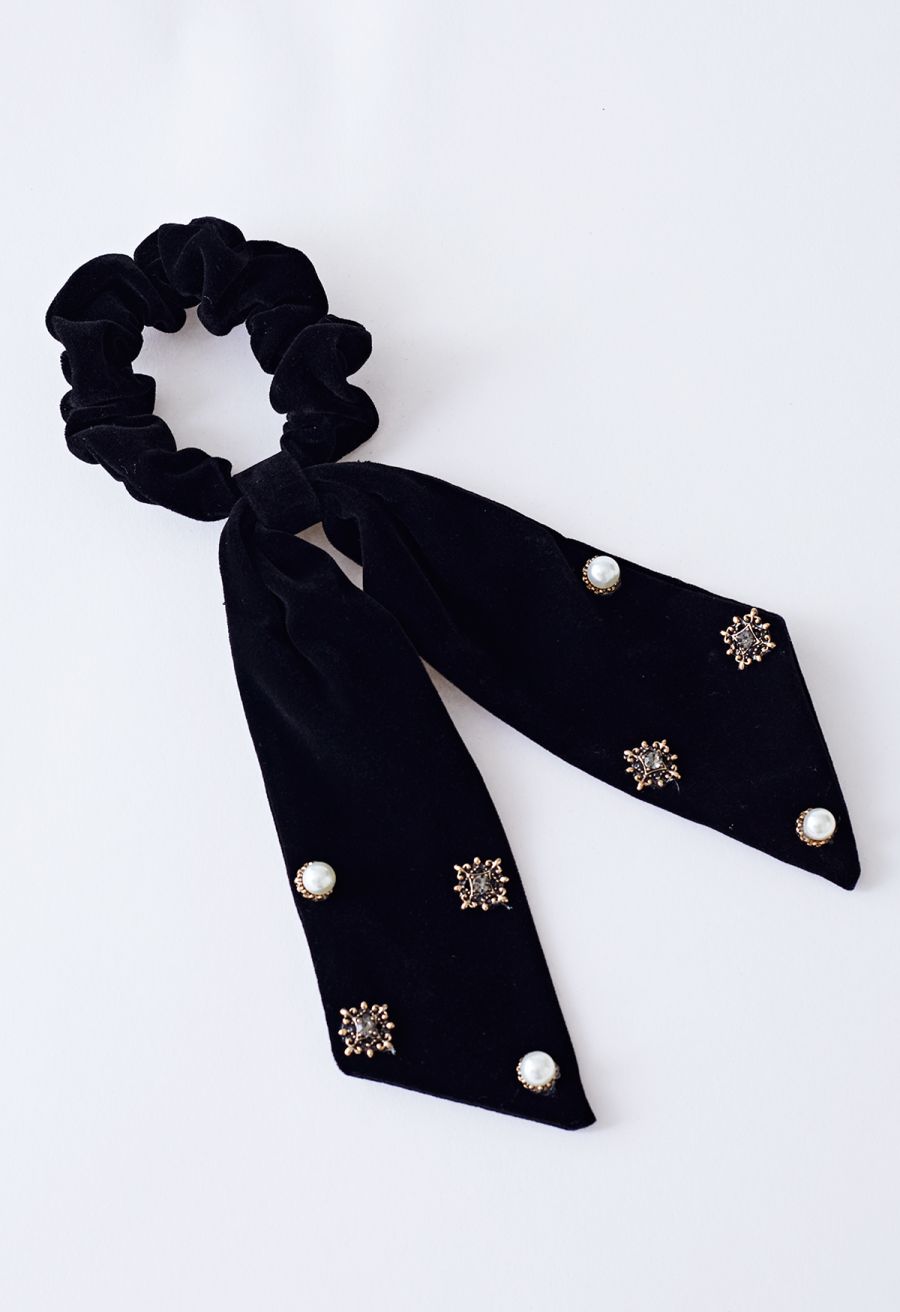 Velvet Bowknot Pearl Diamond Scrunchie in Black