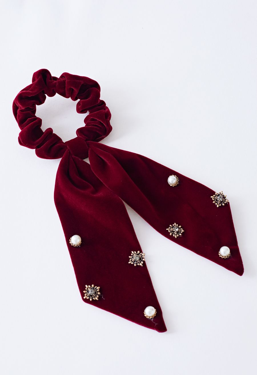 Velvet Bowknot Pearl Diamond Scrunchie in Burgundy