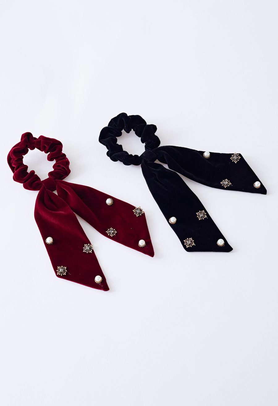 Velvet Bowknot Pearl Diamond Scrunchie in Black