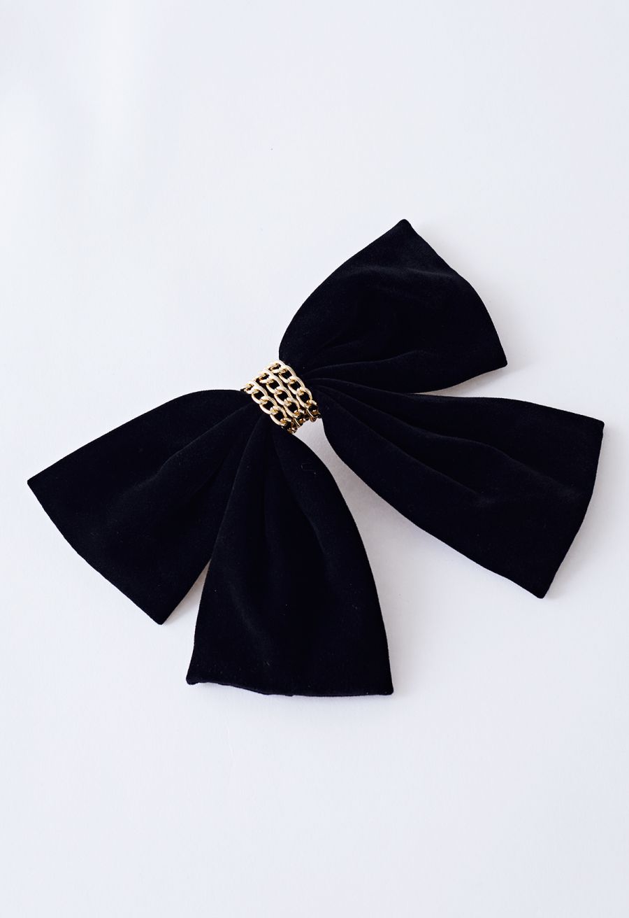 Velvet Bowknot Gold Chain Hair Clip in Black