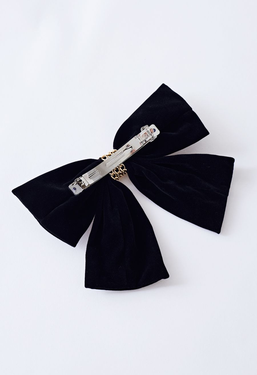 Velvet Bowknot Gold Chain Hair Clip in Black