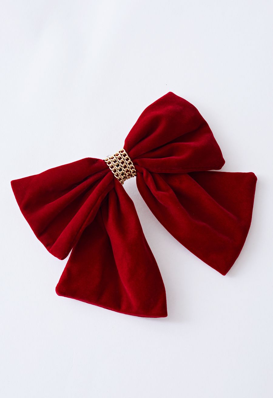 Velvet Bowknot Gold Chain Hair Clip in Burgundy