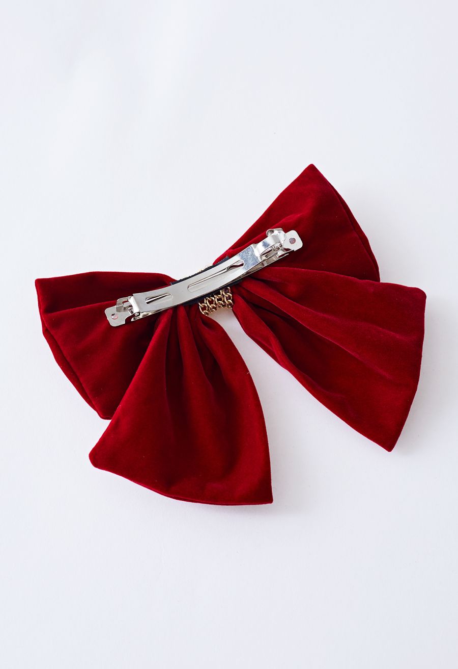 Velvet Bowknot Gold Chain Hair Clip in Burgundy