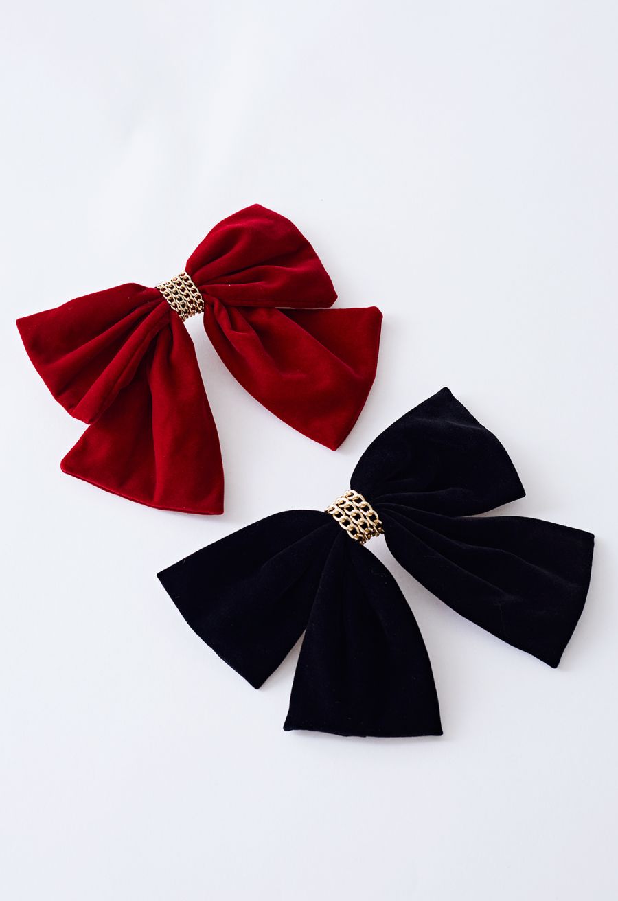 Velvet Bowknot Gold Chain Hair Clip in Black
