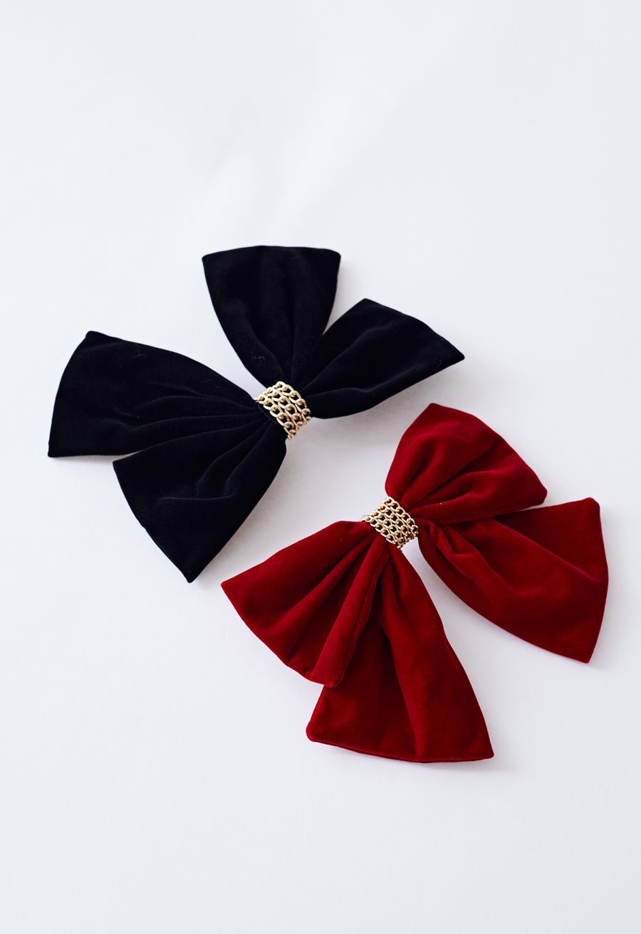 Velvet Bowknot Gold Chain Hair Clip in Black