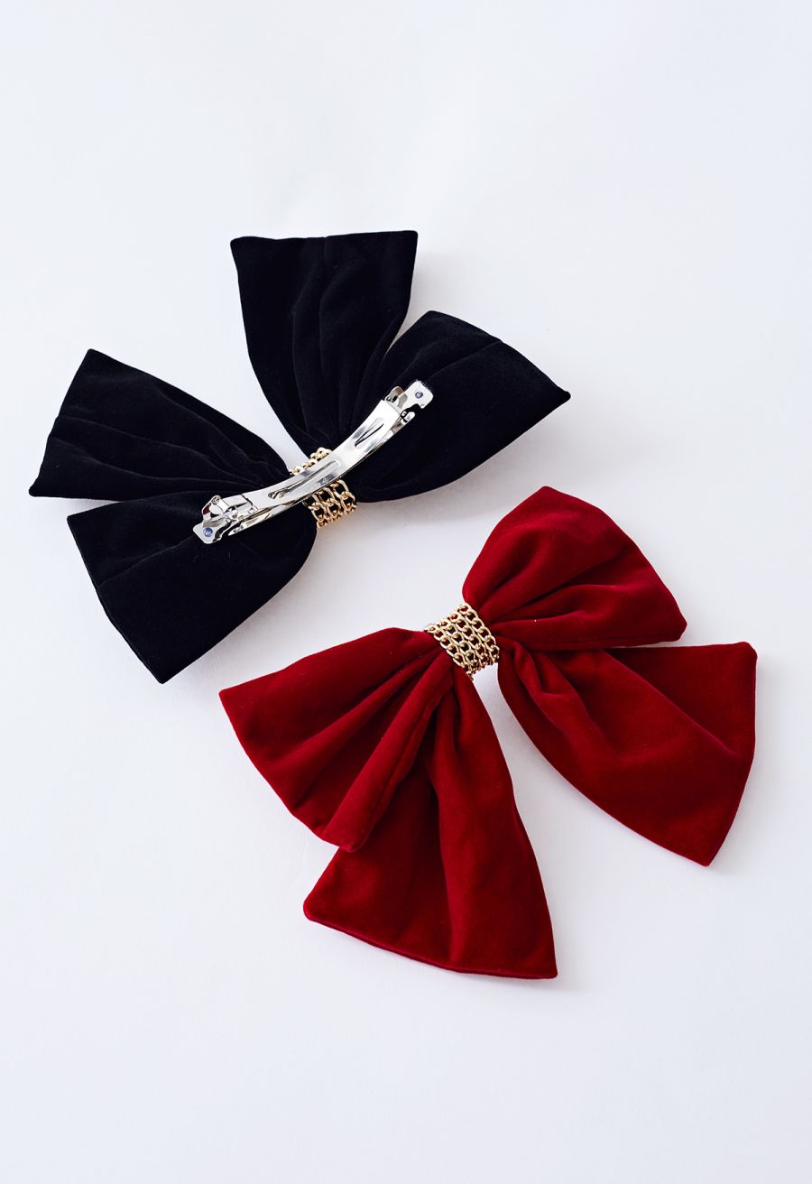 Velvet Bowknot Gold Chain Hair Clip in Black