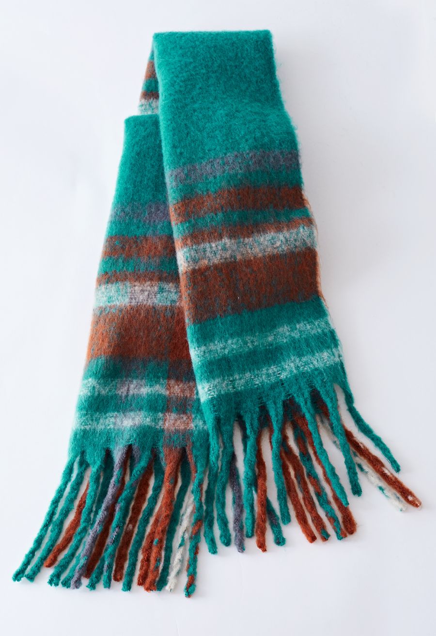 Fuzzy Mohair Plaid Pattern Scarf in Turquoise