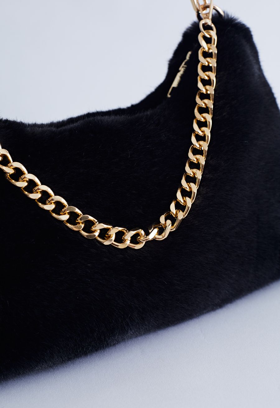 Faux Fur Fuzzy Shoulder Bag in Black