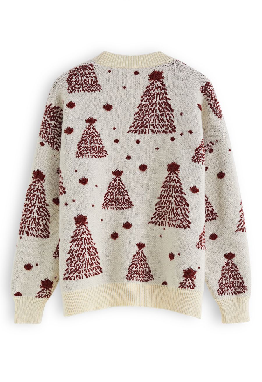 Christmas Tree Pattern Jacquard Knit Sweater in Cream