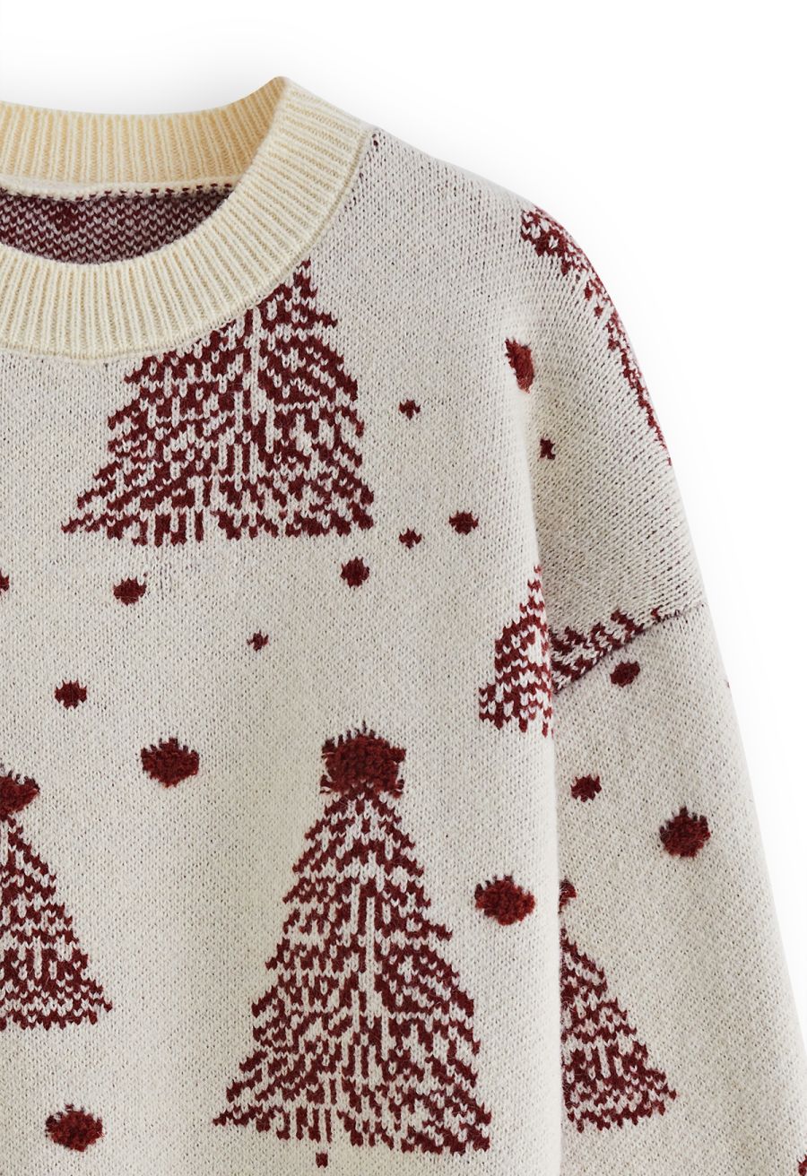 Christmas Tree Pattern Jacquard Knit Sweater in Cream