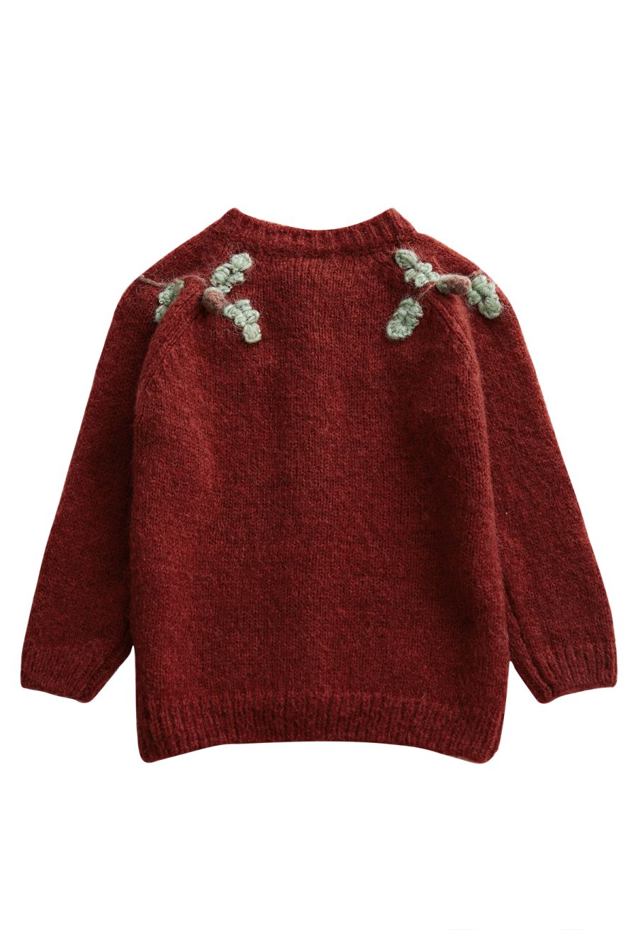 Wooden Button Fuzzy Knit Cardigan For Kids