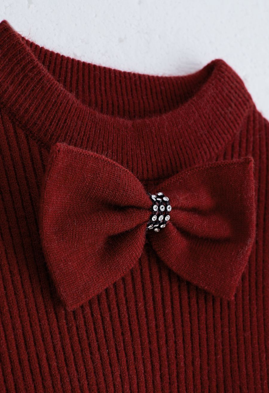 Sweet Red Bowknot Knit Dress For Kids