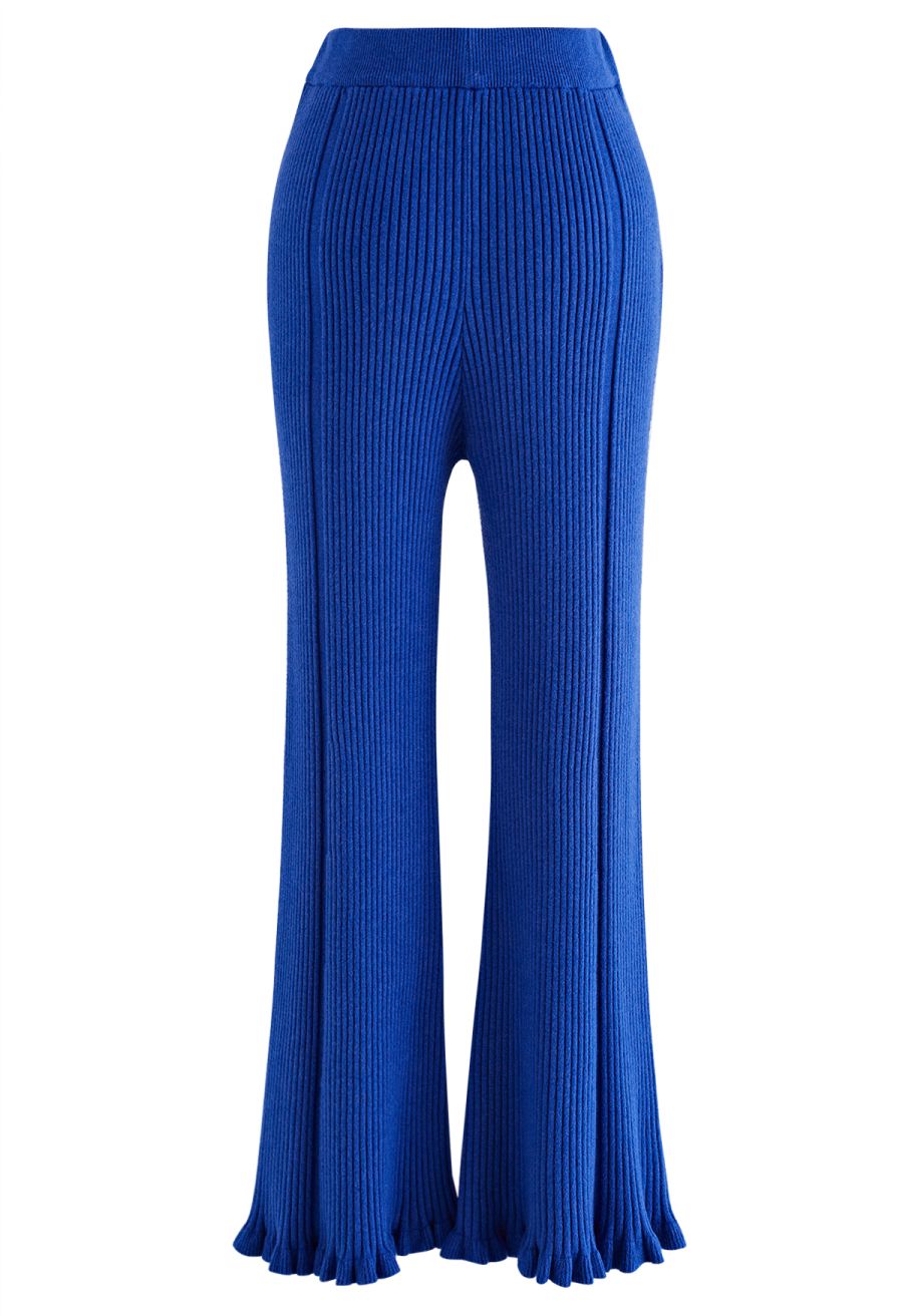 Ruffle Flare Hem Ribbed Knit Pants in Indigo