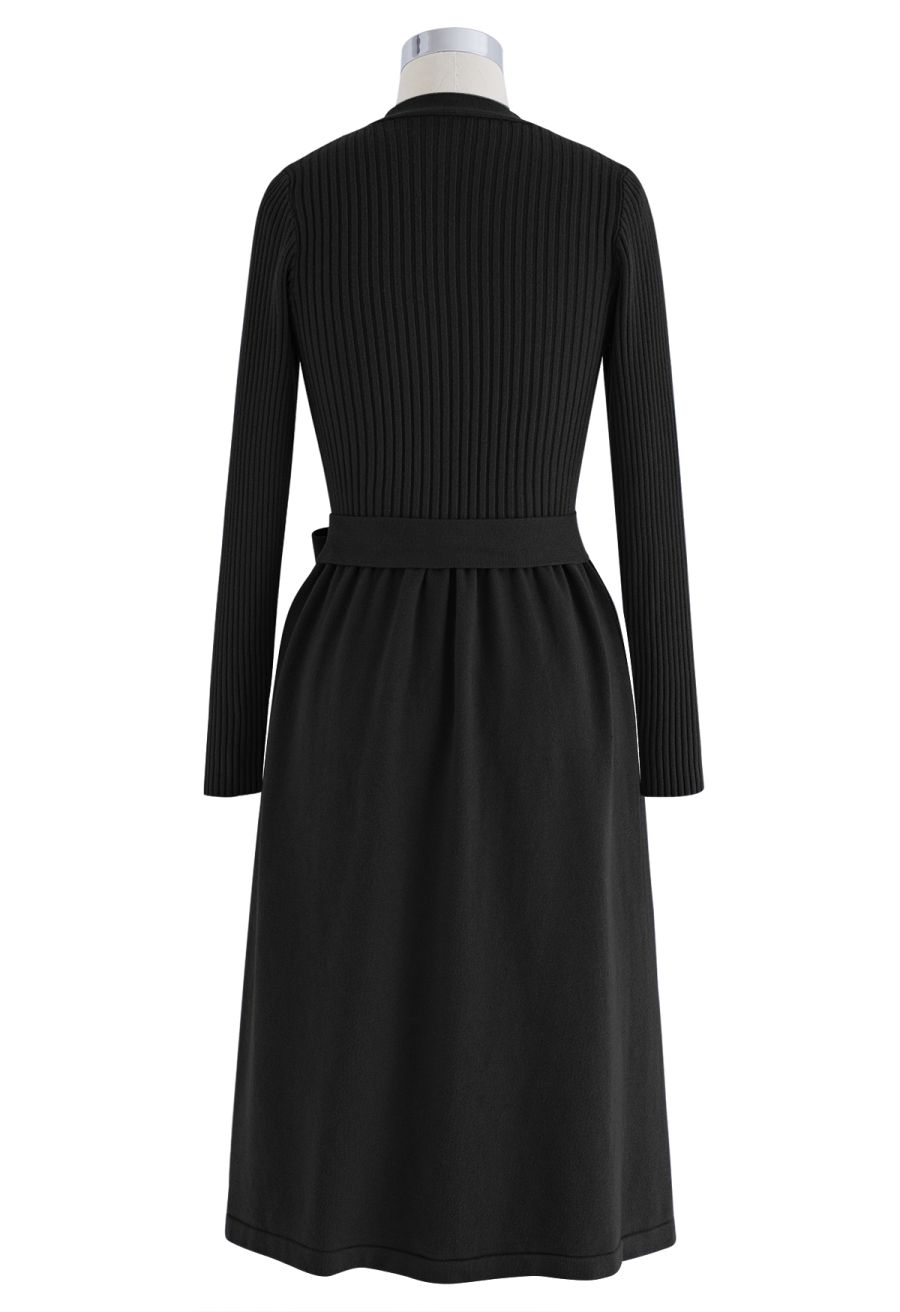 V-Neck Bowknot Waist Buttoned Knit Dress in Black
