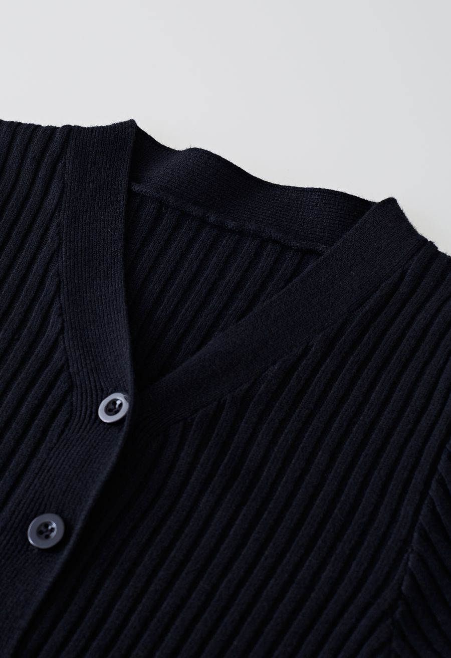 V-Neck Bowknot Waist Buttoned Knit Dress in Black