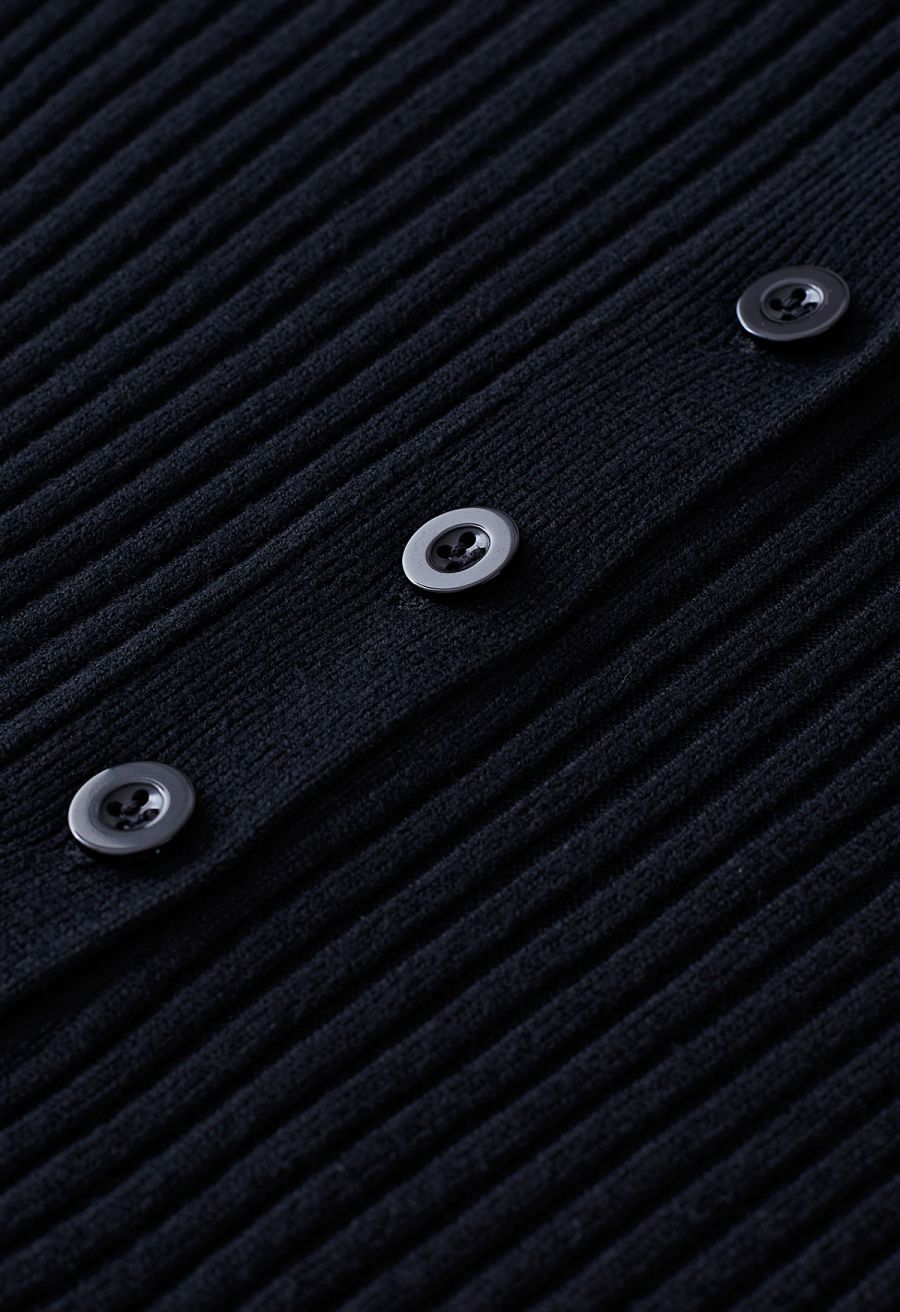 V-Neck Bowknot Waist Buttoned Knit Dress in Black