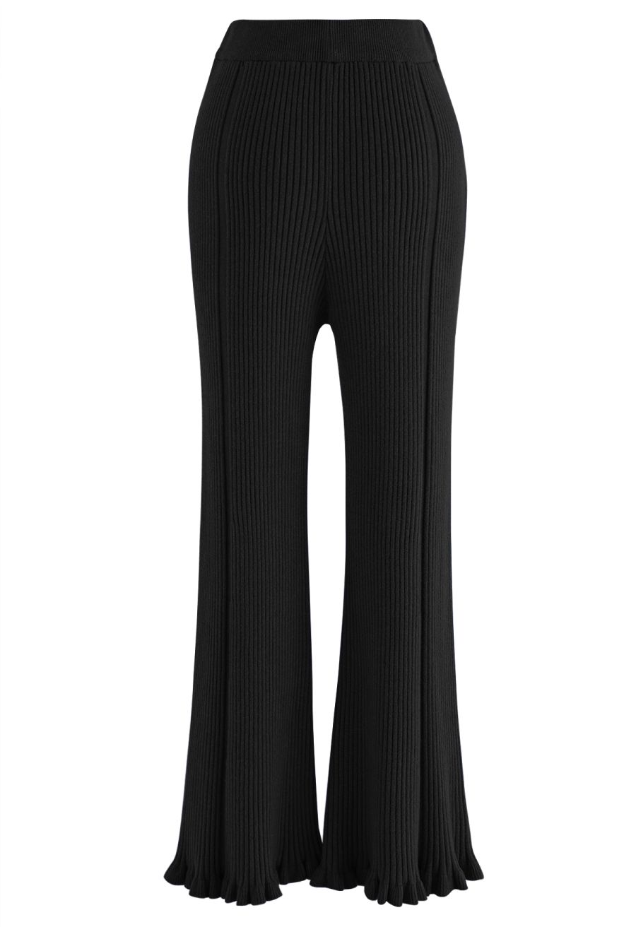 Ruffle Flare Hem Ribbed Knit Pants in Black