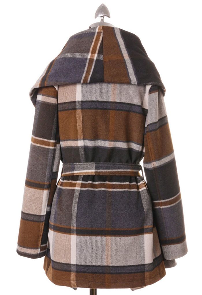 Back view of the Prairie Check Rabato Coat, featuring a large plaid pattern and belted waist in warm brown and grey tones.