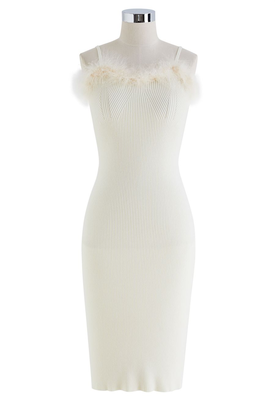 Feathered Ribbed Knit Twinset Dress in Cream