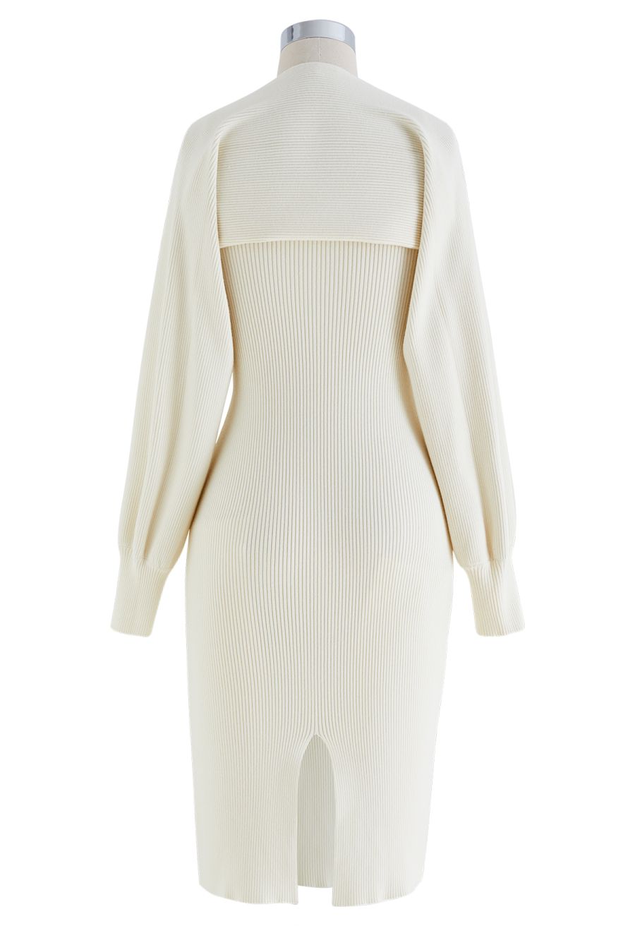 Feathered Ribbed Knit Twinset Dress in Cream