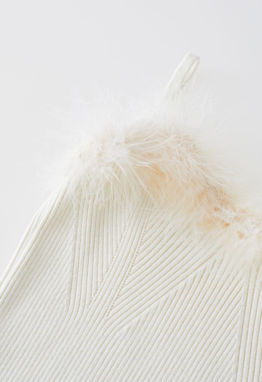 Feathered Ribbed Knit Twinset Dress in Cream