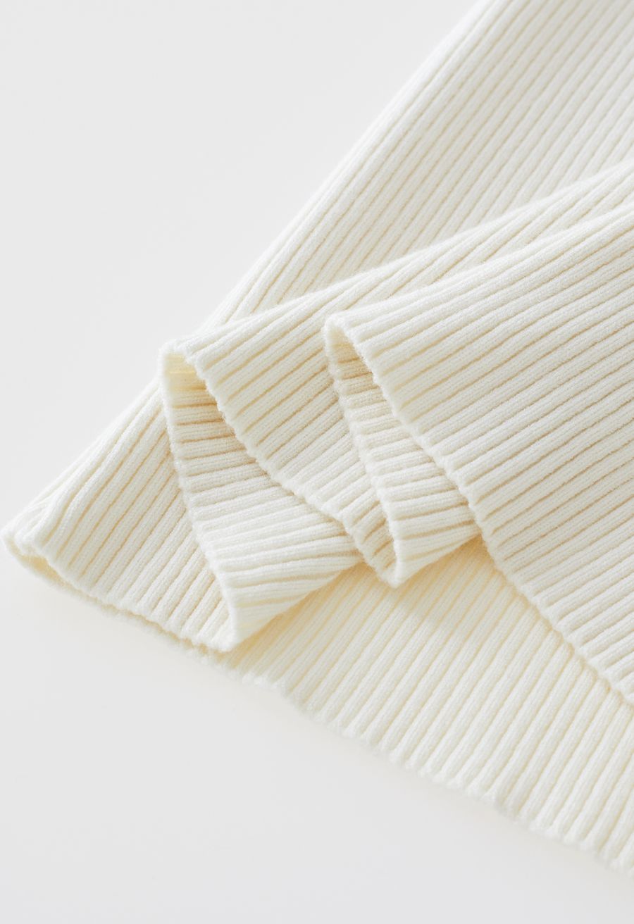 Feathered Ribbed Knit Twinset Dress in Cream
