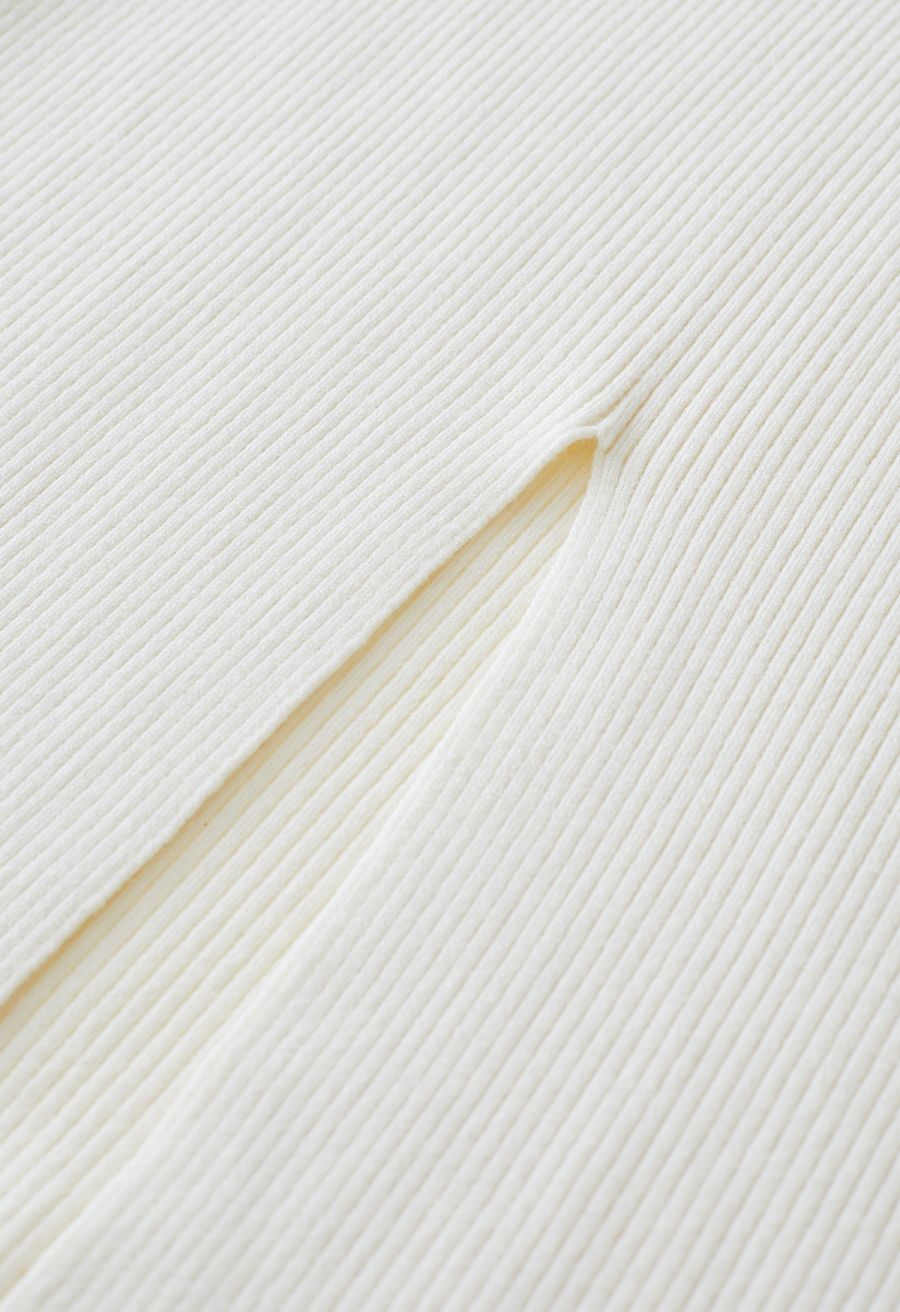 Feathered Ribbed Knit Twinset Dress in Cream