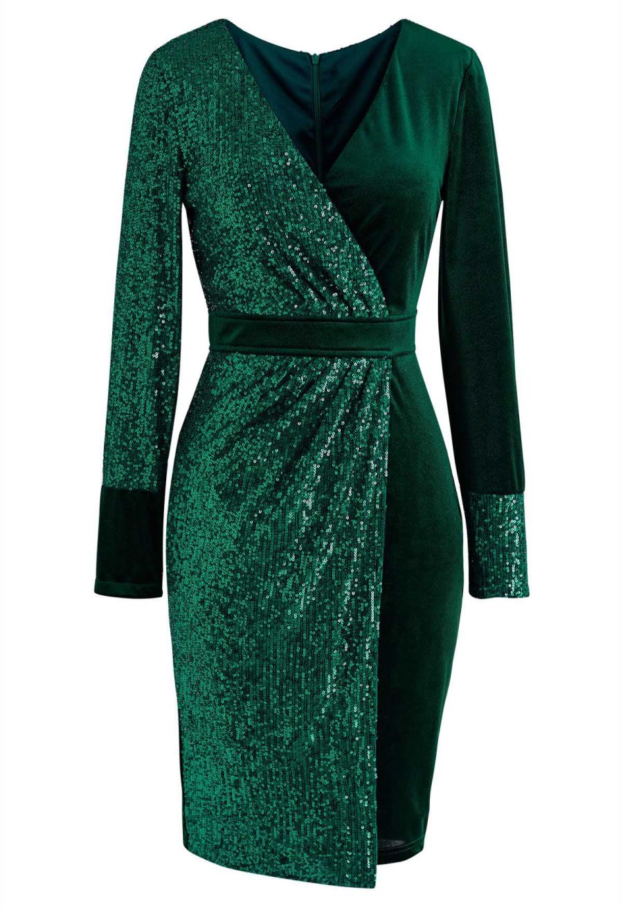 Dazzling Sequins Velvet Cocktail Dress in Emerald