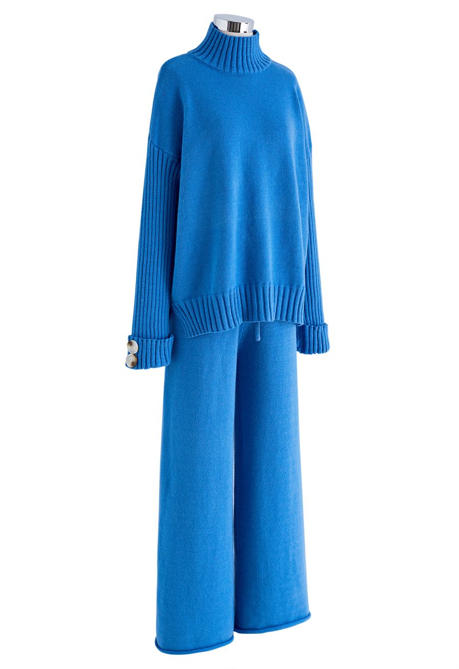 High Neck Buttoned Cuff Sweater and Knit Pants Set in Blue
