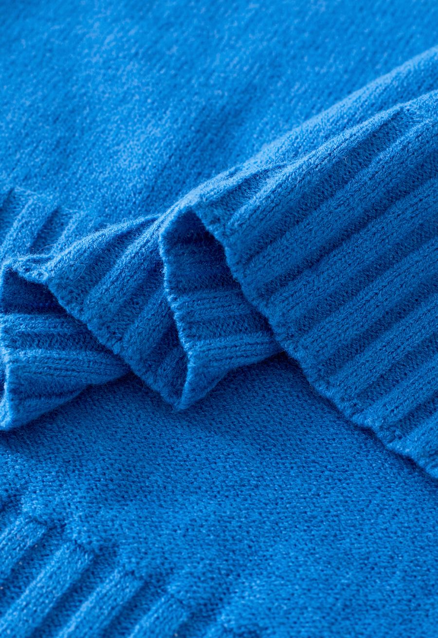 High Neck Buttoned Cuff Sweater and Knit Pants Set in Blue