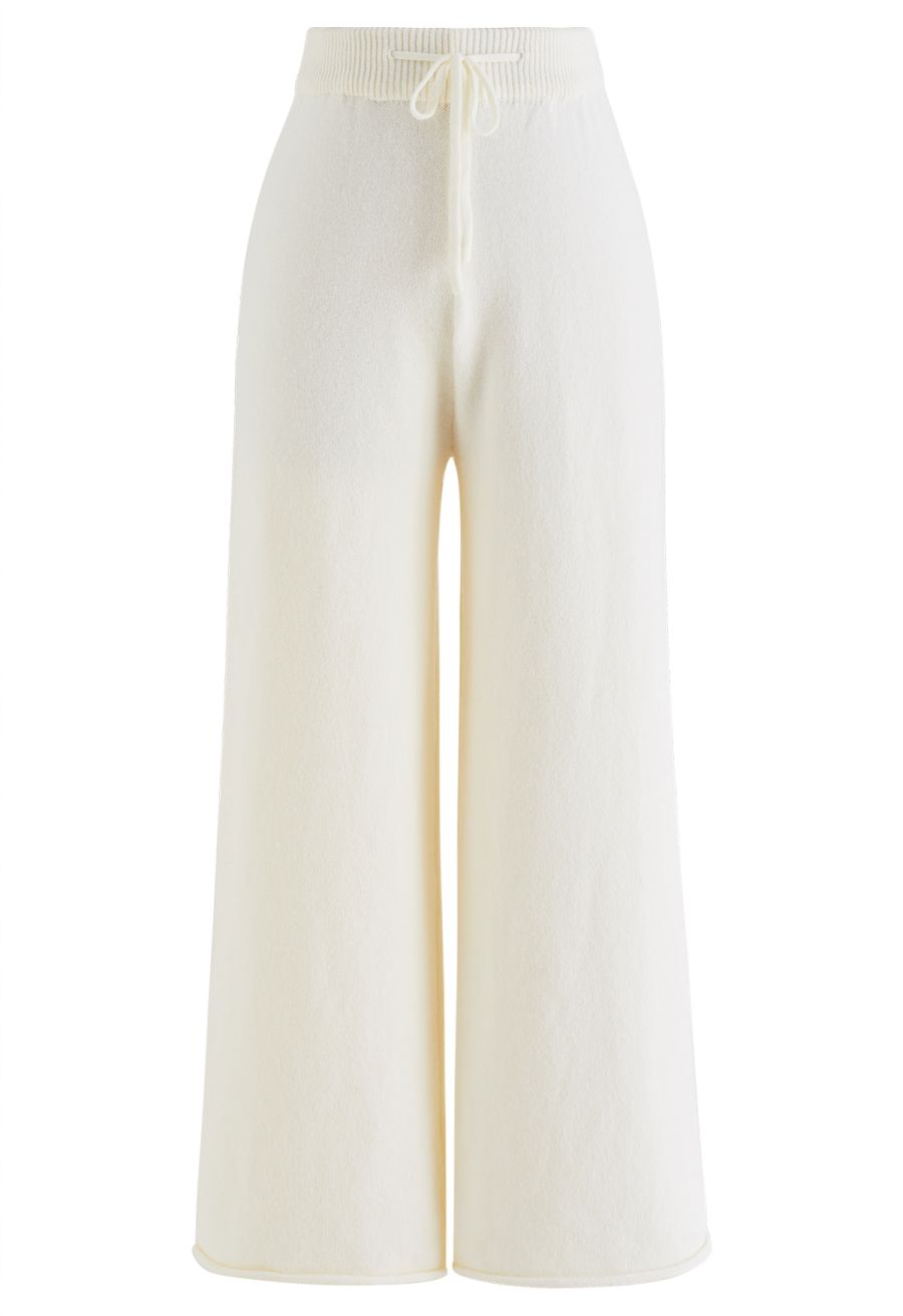 High Neck Buttoned Cuff Sweater and Knit Pants Set in Cream