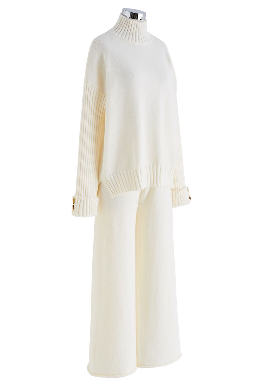 High Neck Buttoned Cuff Sweater and Knit Pants Set in Cream