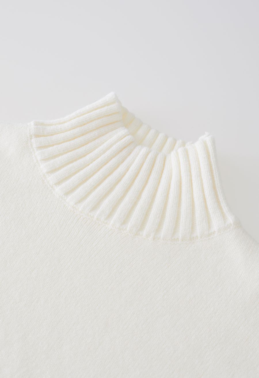 High Neck Buttoned Cuff Sweater and Knit Pants Set in Cream