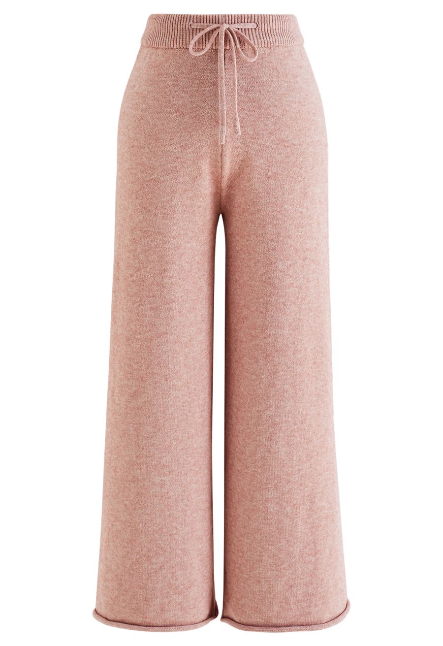High Neck Buttoned Cuff Sweater and Knit Pants Set in Pink