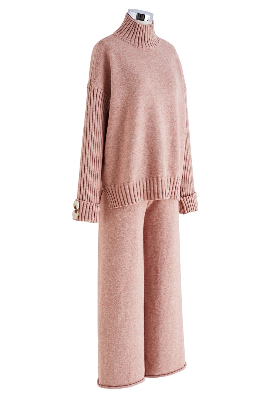 High Neck Buttoned Cuff Sweater and Knit Pants Set in Pink