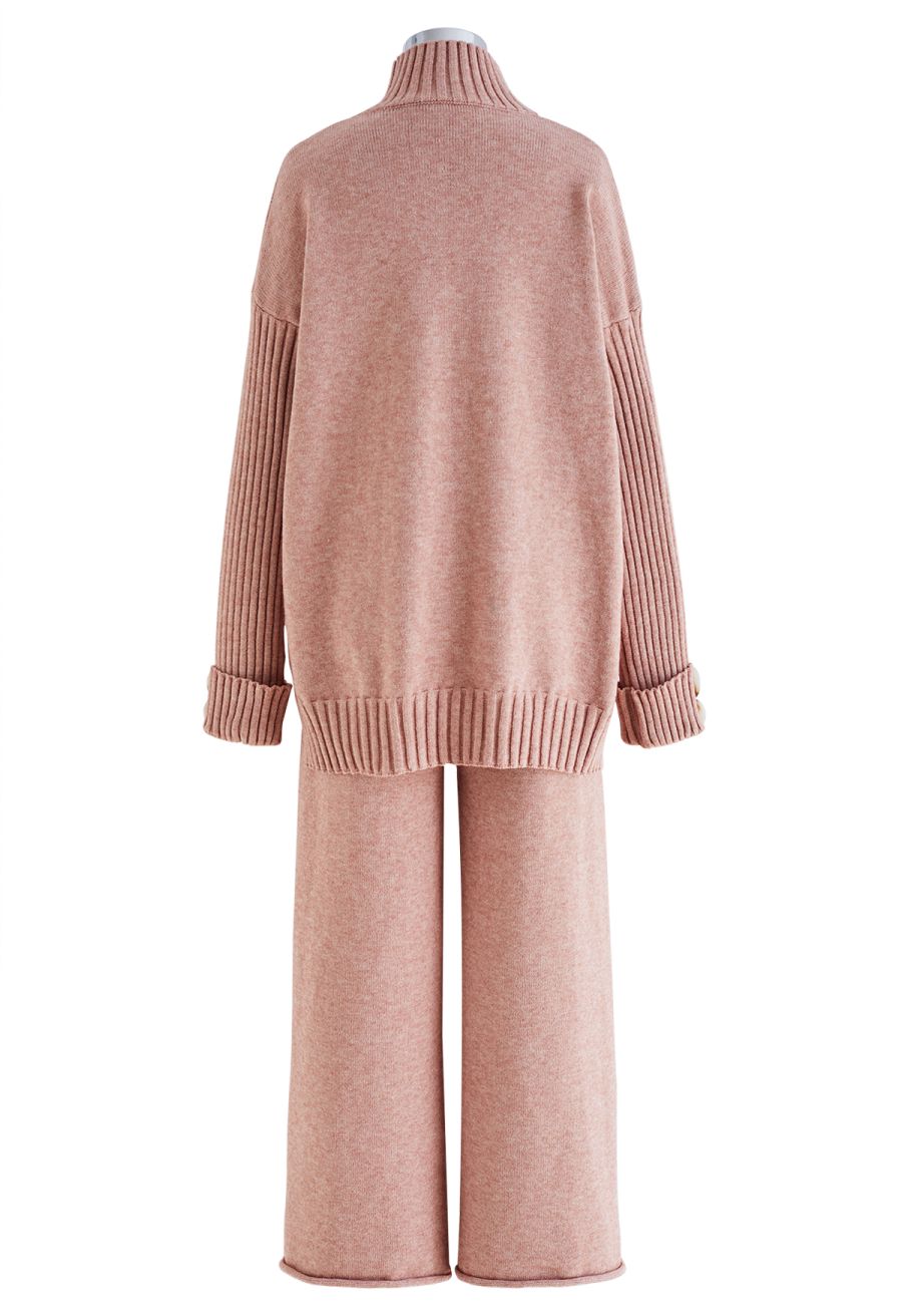High Neck Buttoned Cuff Sweater and Knit Pants Set in Pink