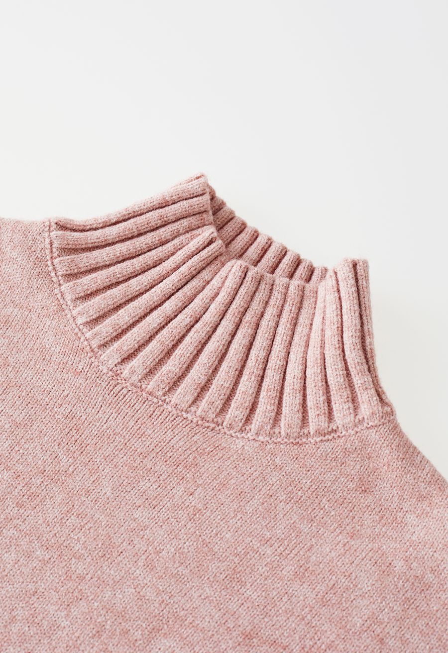High Neck Buttoned Cuff Sweater and Knit Pants Set in Pink