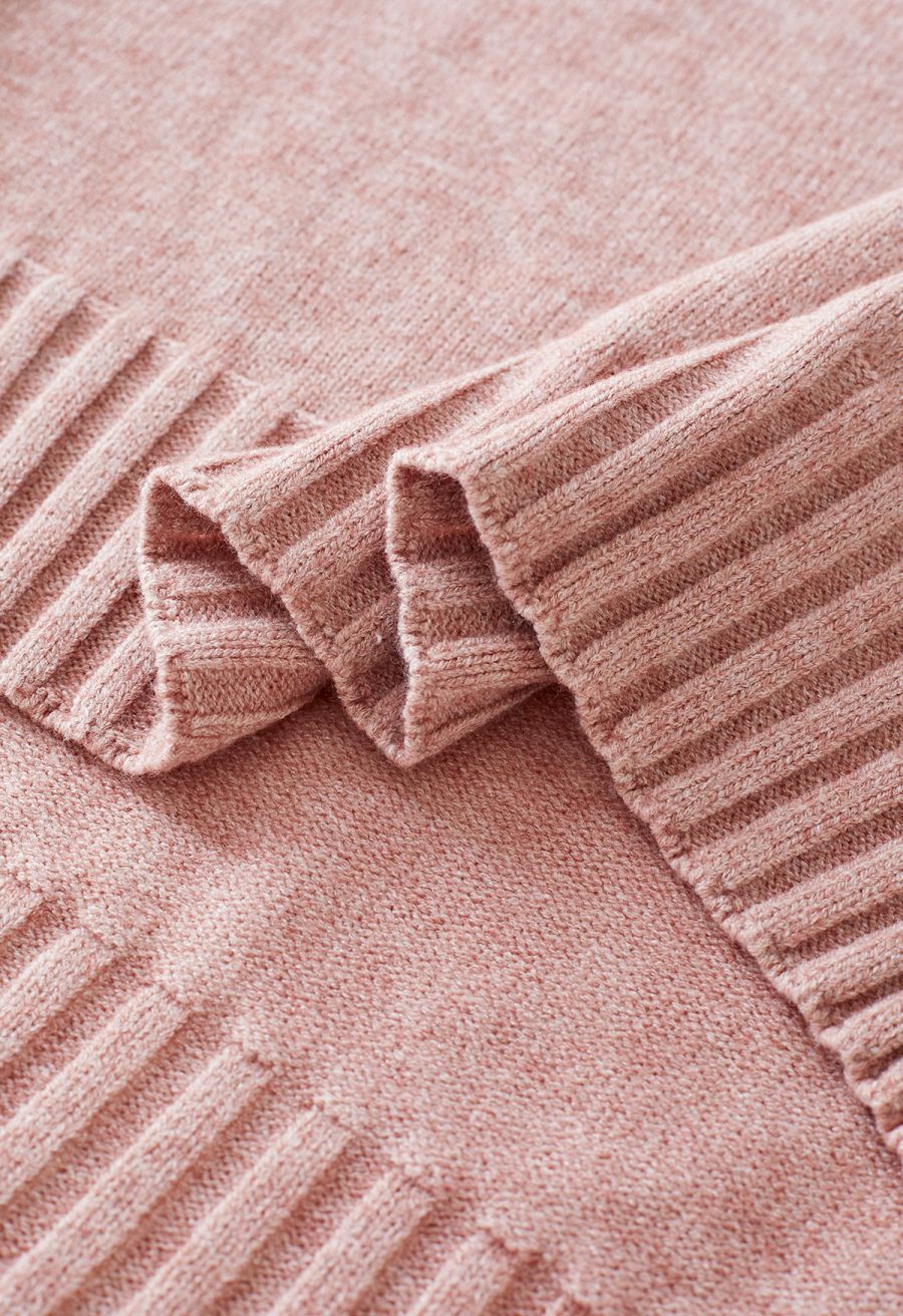 High Neck Buttoned Cuff Sweater and Knit Pants Set in Pink
