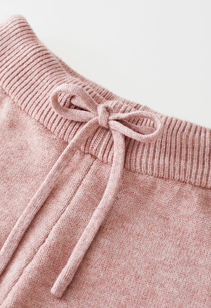 High Neck Buttoned Cuff Sweater and Knit Pants Set in Pink