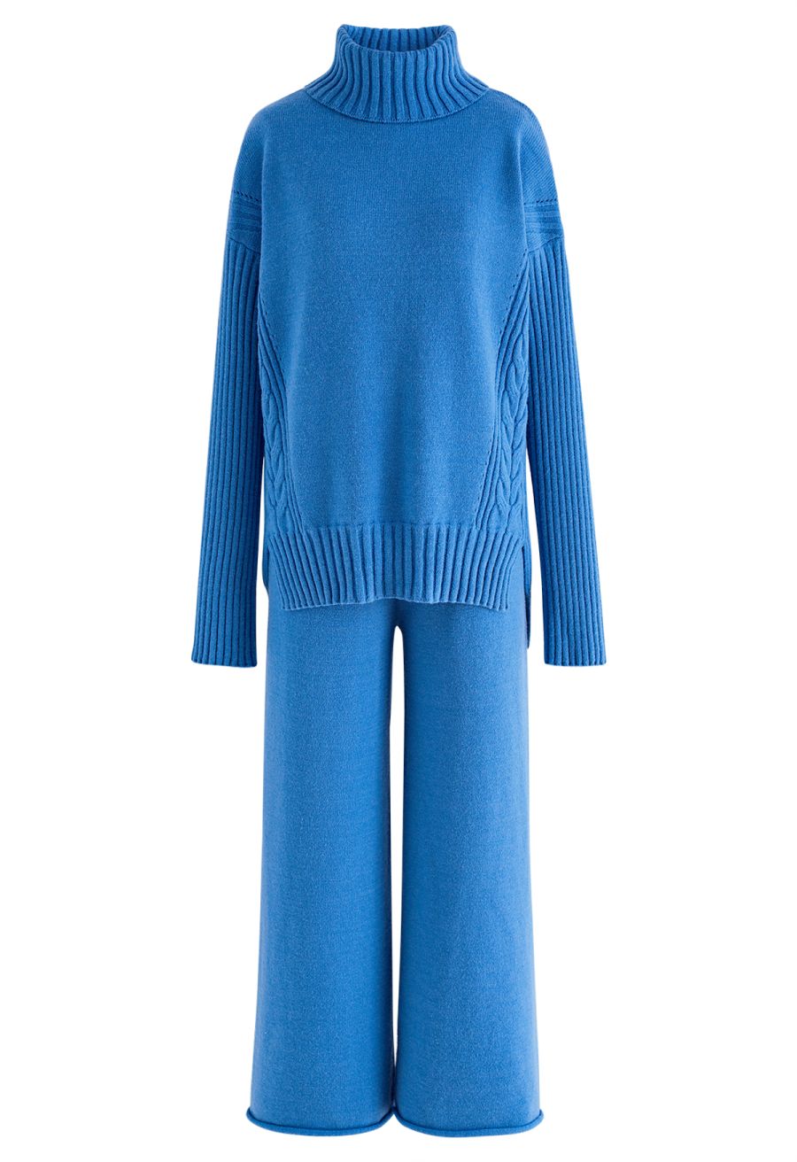 Turtleneck Hi-Lo Sweater and Knit Pants Set in Blue