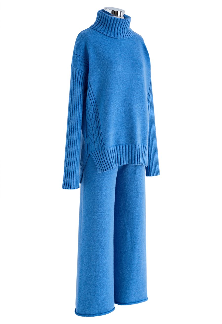 Turtleneck Hi-Lo Sweater and Knit Pants Set in Blue