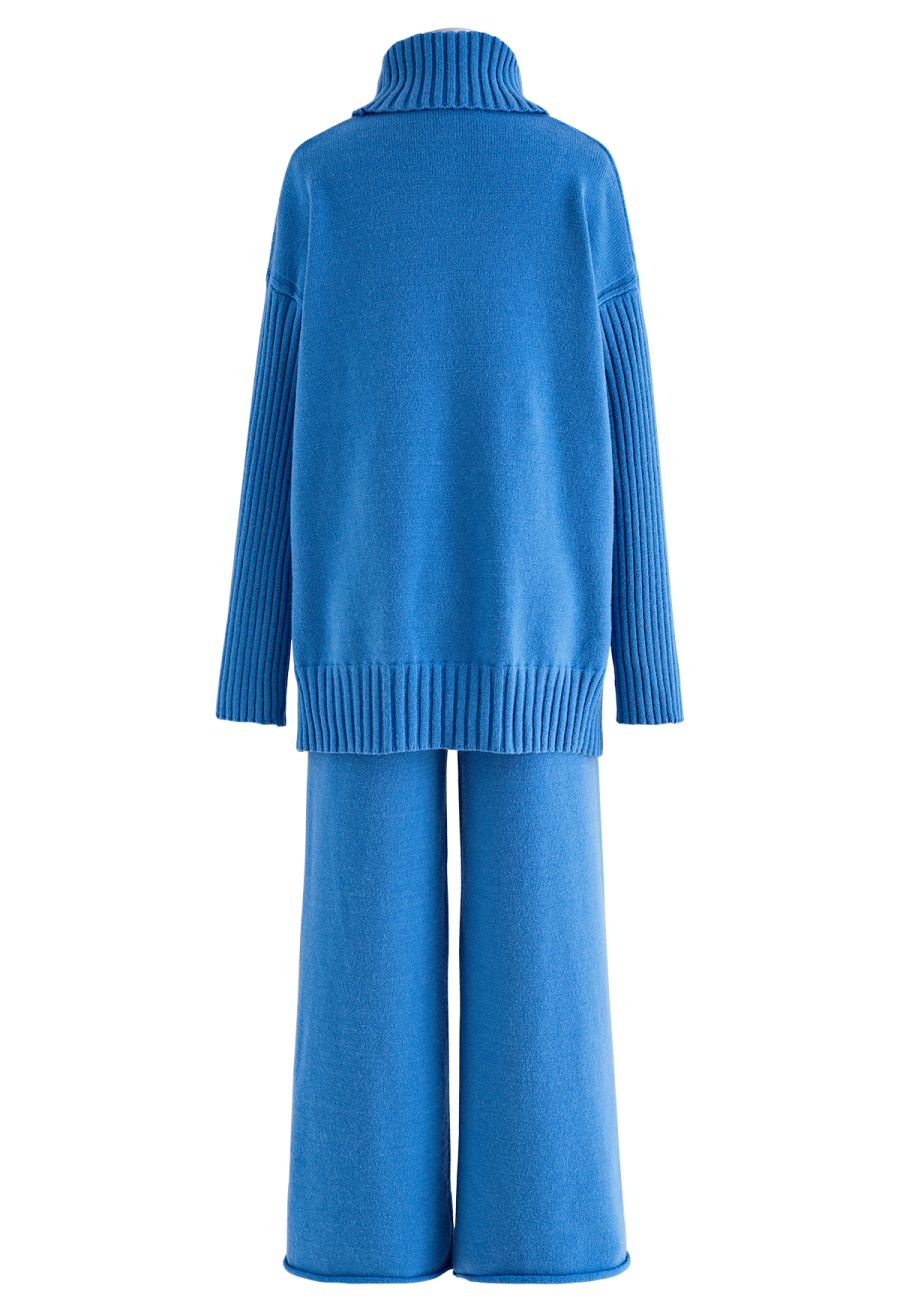 Turtleneck Hi-Lo Sweater and Knit Pants Set in Blue