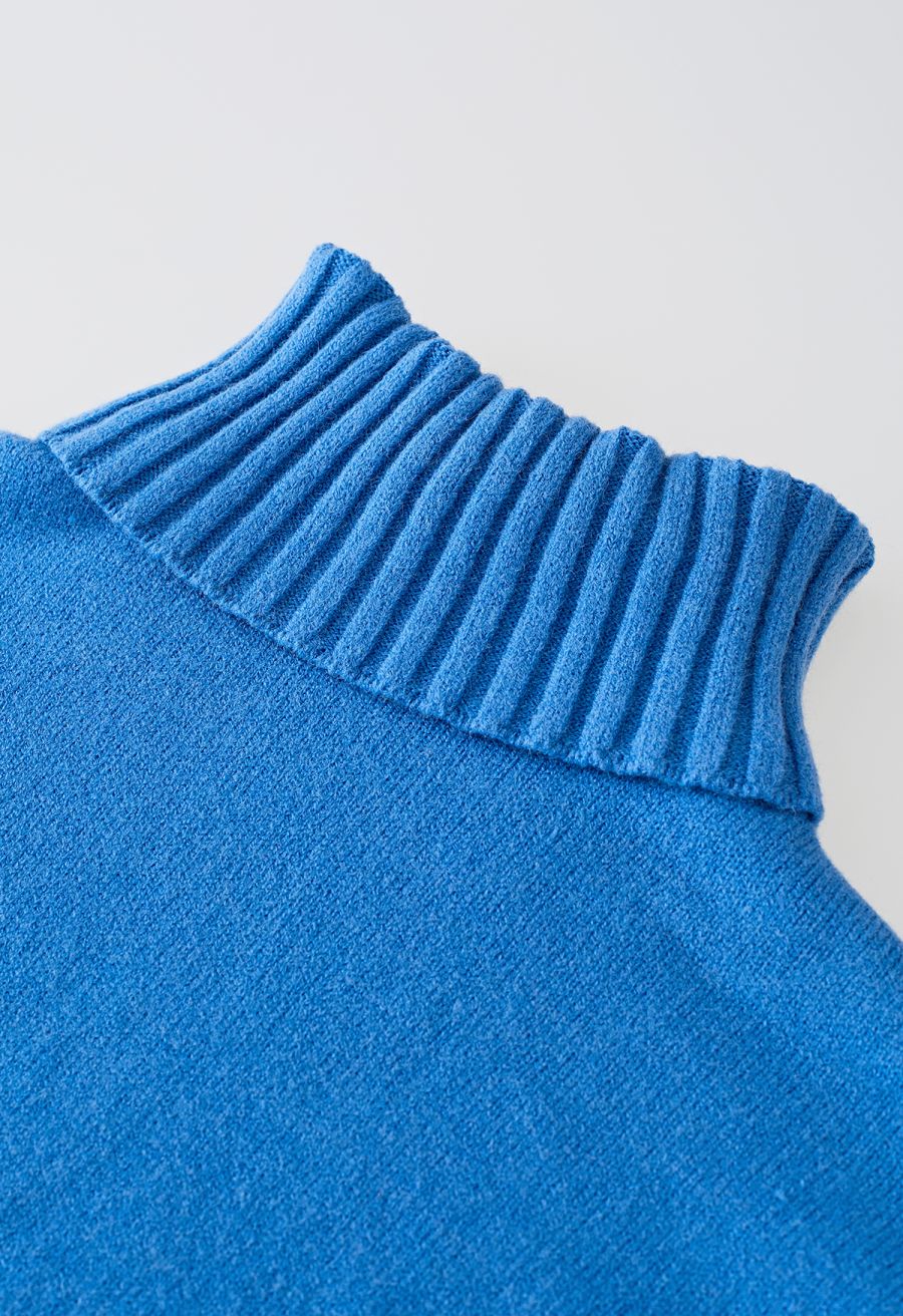Turtleneck Hi-Lo Sweater and Knit Pants Set in Blue
