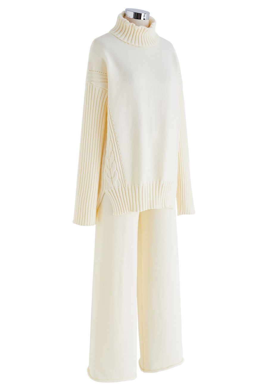 Turtleneck Hi-Lo Sweater and Knit Pants Set in Cream