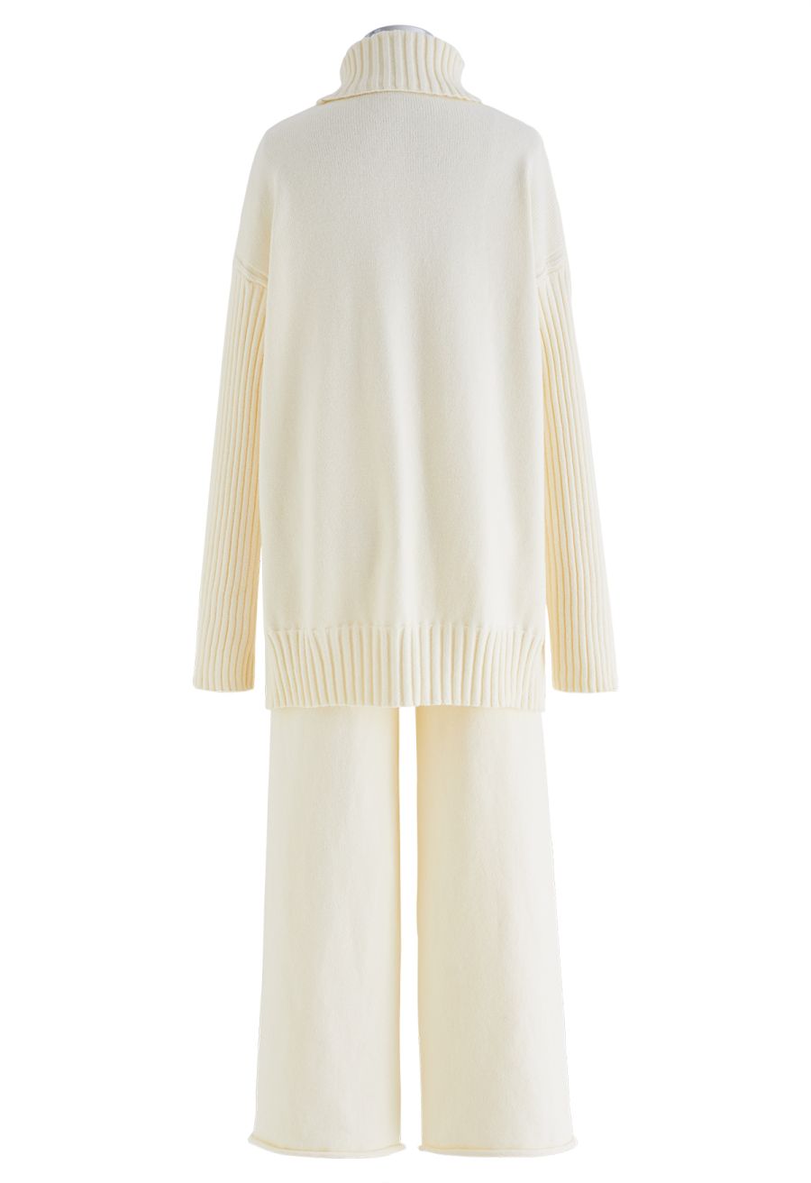 Turtleneck Hi-Lo Sweater and Knit Pants Set in Cream