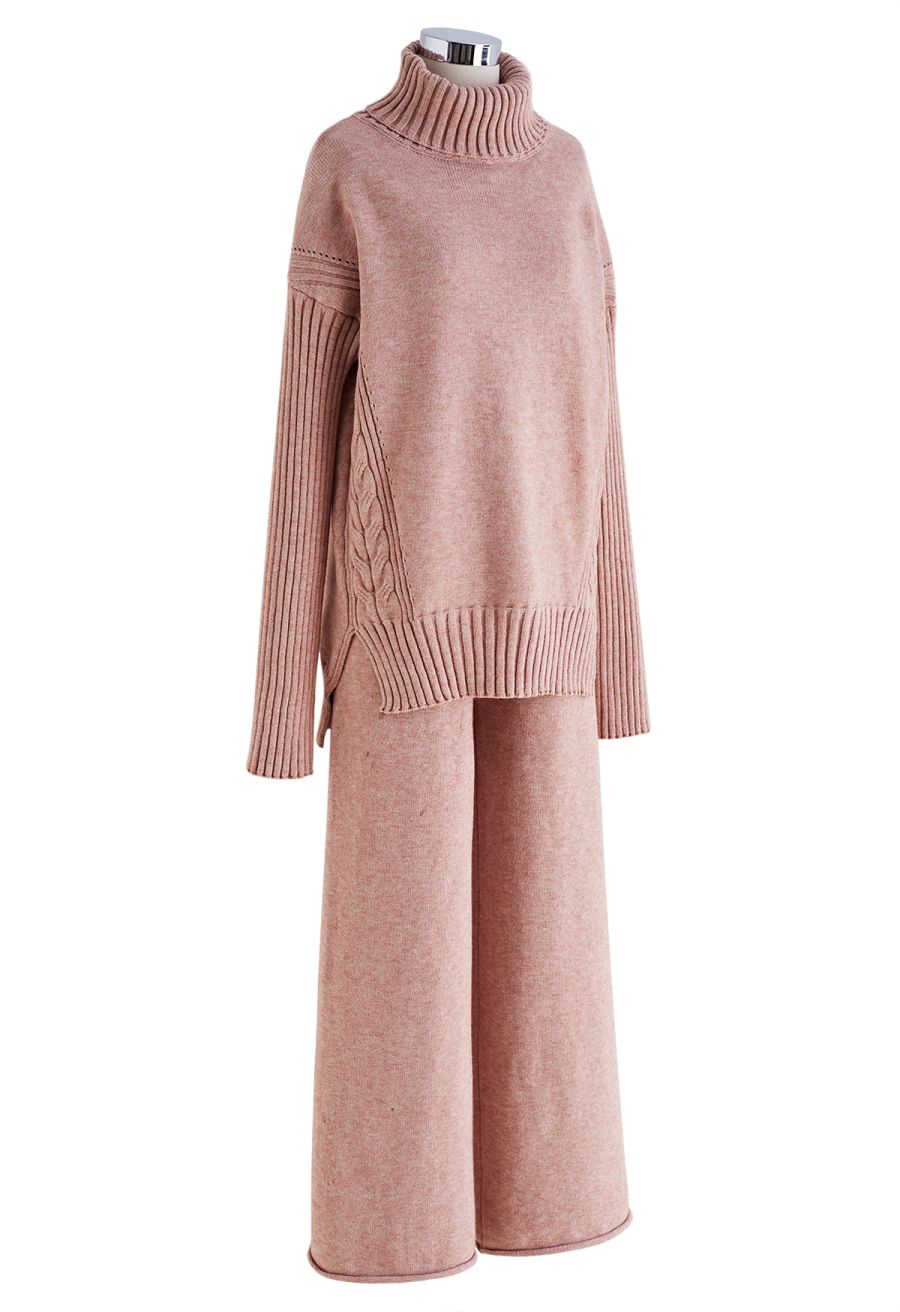 Turtleneck Hi-Lo Sweater and Knit Pants Set in Pink