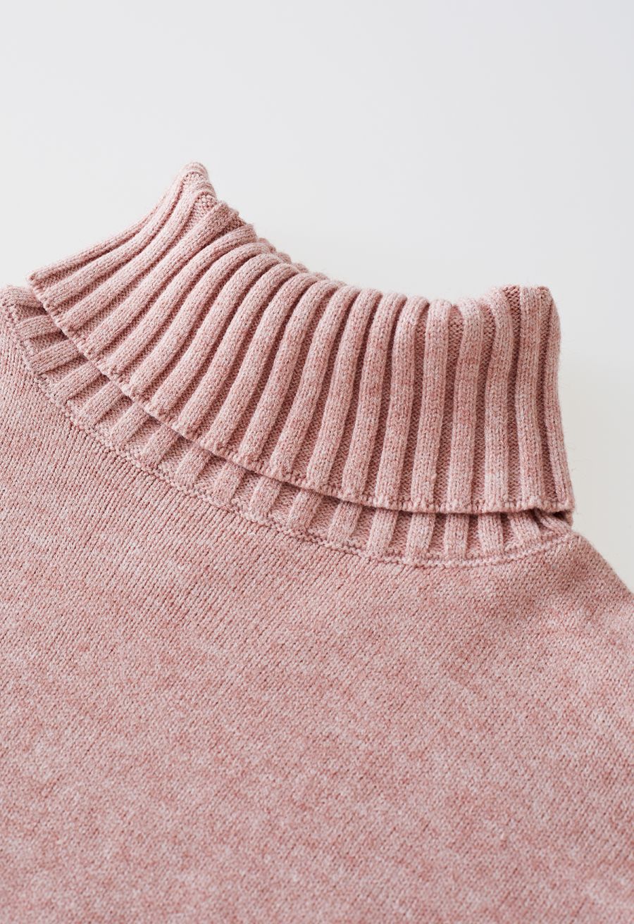 Turtleneck Hi-Lo Sweater and Knit Pants Set in Pink
